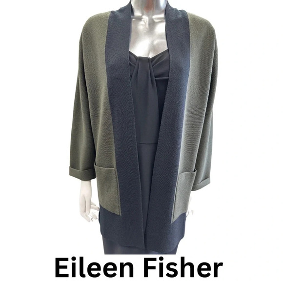 Eileen  Fisher Cardigan Sweater Pockets Collarless Merino Wool Dark Green XS - Picture 2 of 6